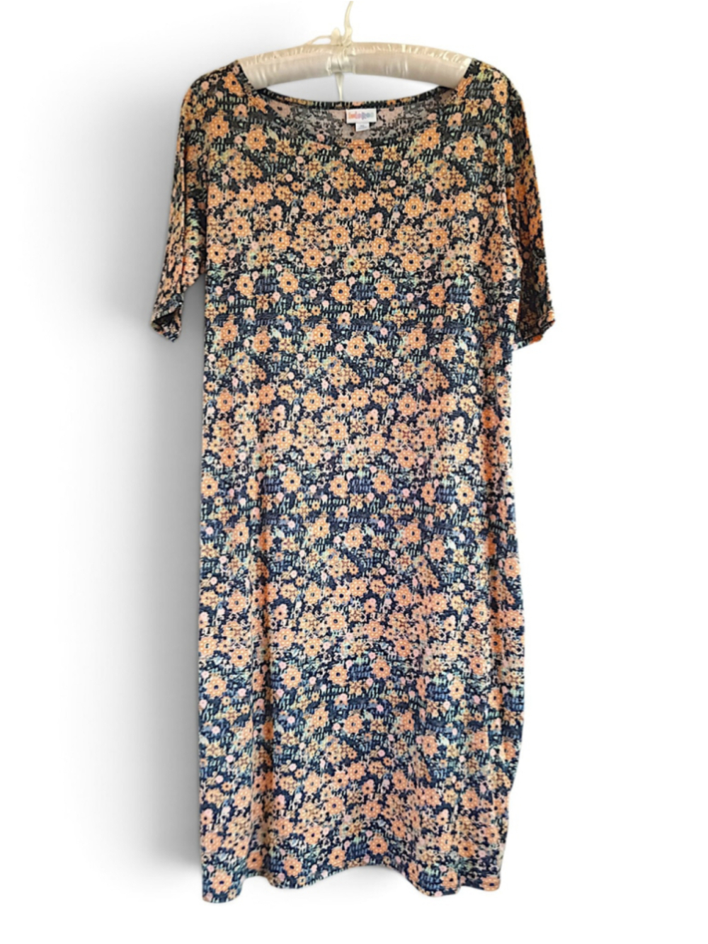 LuLaRoe Desert Floral Midi t shirt Dress Blue Orange geometric stretchy casual